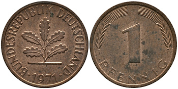 ФРГ 1 пфенниг 1971 J KM 105, J.380 сталь плакированная медью 99-318