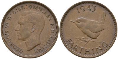 Великобритания 1 фартинг 1943 Георг VI (1936-1952) KM 843, Spink 4116 бронза 4596-964