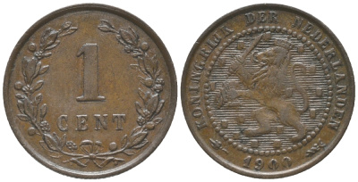 НИДЕРЛАНДЫ 1 ЦЕНТ 1900 ВИЛЬГЕЛЬМИНА I (1890-1948) KM 107 бронза 100-845
