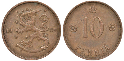 Финляндия 10 пенни 1939 KM 24 медь 51-3052
