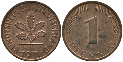 ФРГ 1 пфенниг 1971 J KM 105, J.380 сталь плакированная медью 99-318