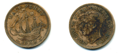 Великобритания 1/2 пенни 1938 Георг VI (1936-1952) KM 844, Spink 4115 бронза 4383-1017