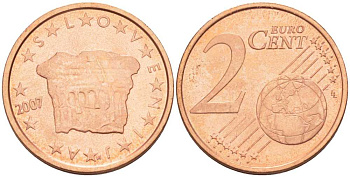 СЛОВЕНИЯ 2 ЕВРОЦЕНТА 2007 КНЯЖЕСКИЙ КАМЕНЬ ВЛАСТИ KM 69 сталь плакированная медью UNC 214-366