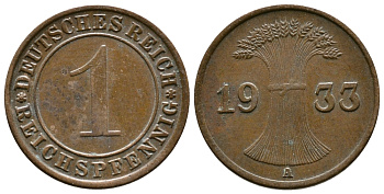 ГЕРМАНИЯ 1 РЕЙХСПФЕННИГ 1933 A KM 37, J. 313 бронза 4380-1231
