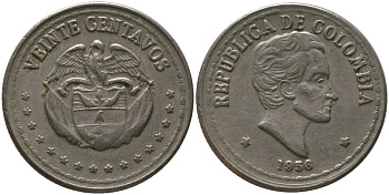 Колумбия 20 сентаво 1956 KM 215.1 медно-никель 4529-637