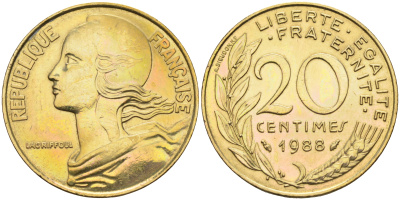 Франция 20 сантимов 1988 тип Marianne KM 930 медь алюминий никель    4177-134