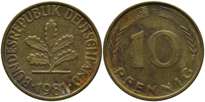 ФРГ 10 ПФЕННИГОВ 1981 G KM 108, J.383 сталь плакированная латунью 33-144