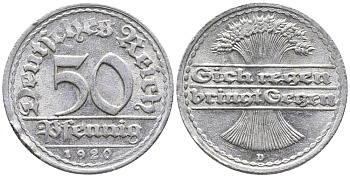 ГЕРМАНИЯ 50 ПФЕННИГОВ 1920 D KM 27, J. 301 алюминий 24-935