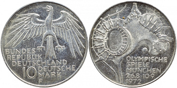 ФРГ 10 МАРОК 1972 F, ОЛИМПИАДА, СТАДИОН KM 133, J.404 серебро UNC 1520-1445
