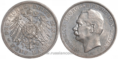 Баден 5 марок 1913 G, Фридрих II (1907-1918) Weege 40, J. 40, KM 281 серебро aUNC 00-819-60