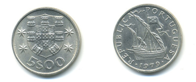 ПОРТУГАЛИЯ 5 ЭСКУДО 1979 ПАРУСНИК KM 591 медно-никель 80-426