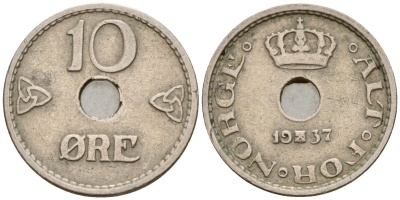 Норвегия 10 эре 1937 Хокон VII (1905-1957) KM 383 медно-никель 4152-453