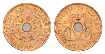 Родезия и Ньясаленд 1/2 пенса 1964 Елизавета II (1952-2022), жирафы KM  1 бронза  UNC  4640-867