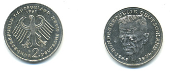 ФРГ 2 МАРКИ 1991 G, КУРТ ШУМАХЕР KM 149, J. 424 медно-никель плакированный никелем 76-446