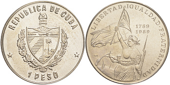 Куба 1 песо 1989 200 лет Французской революции, баррикады KM 271 медно-никель UNC 1526-911