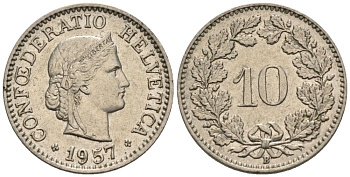 Швейцария 10 раппенов 1957 В KM 27 медно-никель 4576-947