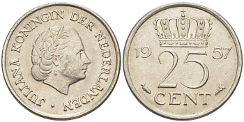 НИДЕРЛАНДЫ 25 ЦЕНТОВ 1957 ЮЛИАНА (1948-1980) KM 183 никель 214-923