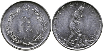 ТУРЦИЯ 2 1/2 ЛИРЫ 1977 KM 893.2 нержавеющая сталь 29-713