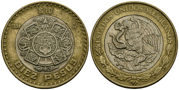 Мексика 10 песо 1998 Мо, бог Тонатиуха с огненной маской KM 616 биметалл 4120-336