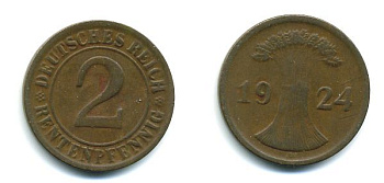 ГЕРМАНИЯ 2 РЕНТПФЕННИГА 1924 D J 307, KM 31 бронза 46-1238