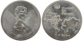 Канада 10 долларов 1973 XXI летние Олимпийские игры в Монреале 1976 года, Канада на карте мира KM 86.1 серебро  UNC  11-150-35