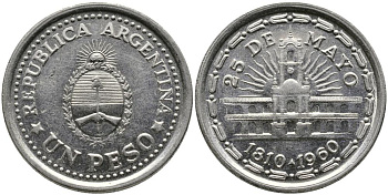 Аргентина 1 песо 1960 150 лет свержения Испанского вице-короля (1810-1960) KM 58 сталь плакированная никелем 3336-736