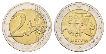 Литва 2 евро 2021  KM 212 биметалл  aUNC  55-1116