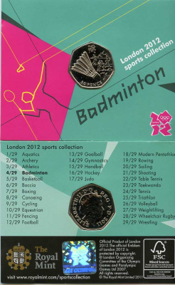 Великобритания 50 пенсов 2011 XXX летние Олимпийские игры в Лондоне в 2012 году, бадминтон, в оригинальном картонном буклете, с Олимпийской голограммой (4/29) KM 1174 медно-никель  UNC  3-6-6-09