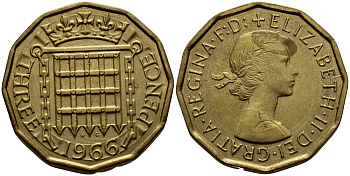 Великобритания 3 пенса 1966 Елизавета II (1952-2022) KM 900, Spink 4153 никель латунь 46-1332