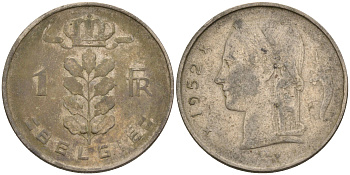 Бельгия 1 франк 1952 Belgie, Бодуэн I (1951-1993) KM 143.1 медно-никель    4592-1146