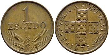 Португалия 1 эскудо 1973 KM 597 бронза 4394-736