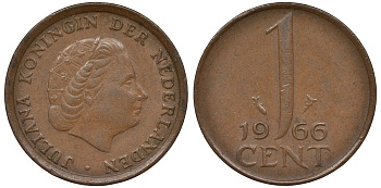 НИДЕРЛАНДЫ 1 ЦЕНТ 1966 ЮЛИАНА KM 180 бронза 62-721