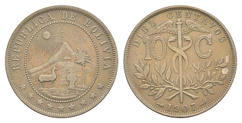 Боливия 10 сентаво 1907 KM 174 медно-никель 4656-153
