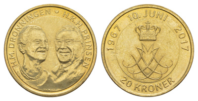 Дания 20 крон 2017 Золотая свадьба KM 966 алюминиевая бронза UNC 4648-953