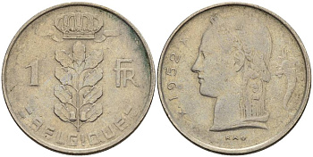 БЕЛЬГИЯ 1 ФРАНК 1952 BELGIQUE KM 142.1 медно-никель 4546-436