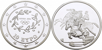 Греция 10 евро 2003 XXVIII летние Олимпийские игры 2004 года в Афинах, конный спорт, конкур KM 197 серебро PROOF 1077-8-42