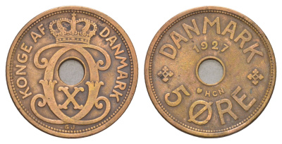 Дания 5 эре 1927 HCN, Кристиан X (1912-1947) KM 828 бронза 4657-233