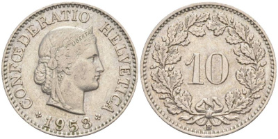 Швейцария 10 раппенов 1958 B KM 27 медно-никель     55-311