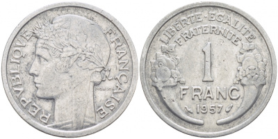 ФРАНЦИЯ 1 ФРАНК 1957 KM 885а.1 алюминий 4402-924