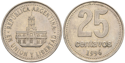 Аргентина 25 сентаво 1996 ратуша Буэнос-Айреса KM 110a, CJ 4.4.2, Schon 111a медно-никель    60-435