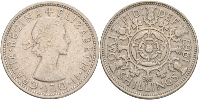 Великобритания 2 шиллинга (флорин) 1967 Елизавета II (1952-2022) KM 906, Spink 4146 медно-никель 189-712