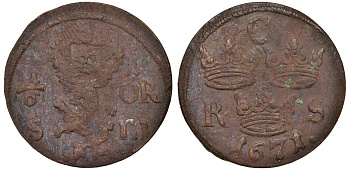 Швеция 1/6 эре 1671 Карл XI (1660-1697) была в обращении на территории России KM 254 медь 4177-417