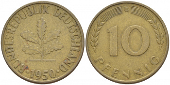 ФРГ 10 ПФЕННИГОВ 1950 G KM 108, J.383 сталь плакированная латунью 4539-916