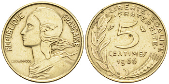 Франция 5 сантимов  1966 тип Марианна KM 933 никель алюминий медь 4115-253