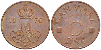 Дания 5 эре 1976 S; B, Маргрете II (1972- ) KM 859.1 железо плакированное медью 201-1165
