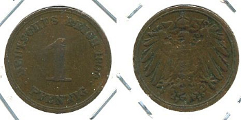 ГЕРМАНИЯ 1 ПФЕННИГ 1900 F KM 10, J. 10 медь 701-212