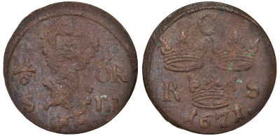 Швеция 1/6 эре 1671 Карл XI (1660-1697) была в обращении на территории России KM 254 медь 4177-417
