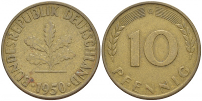 ФРГ 10 ПФЕННИГОВ 1950 G KM 108, J.383 сталь плакированная латунью 4539-916