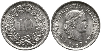 ШВЕЙЦАРИЯ 10 РАППЕНОВ 1967 В KM 27 медно-никель 4539-511