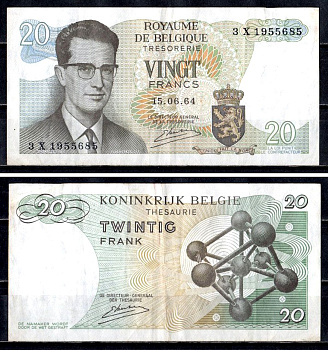 Бельгия 20 франков 1964 Pick 138 (3) бумага 6312-36-1-2